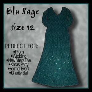 worn ONCE! BLU SAGE emerald green sequins floor length formal/ ball GOWN size 12